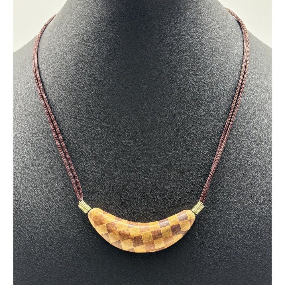 Taiwan Wood Checkerboard Pattern Crescent Pendant Necklace Brown Cord Unbranded~